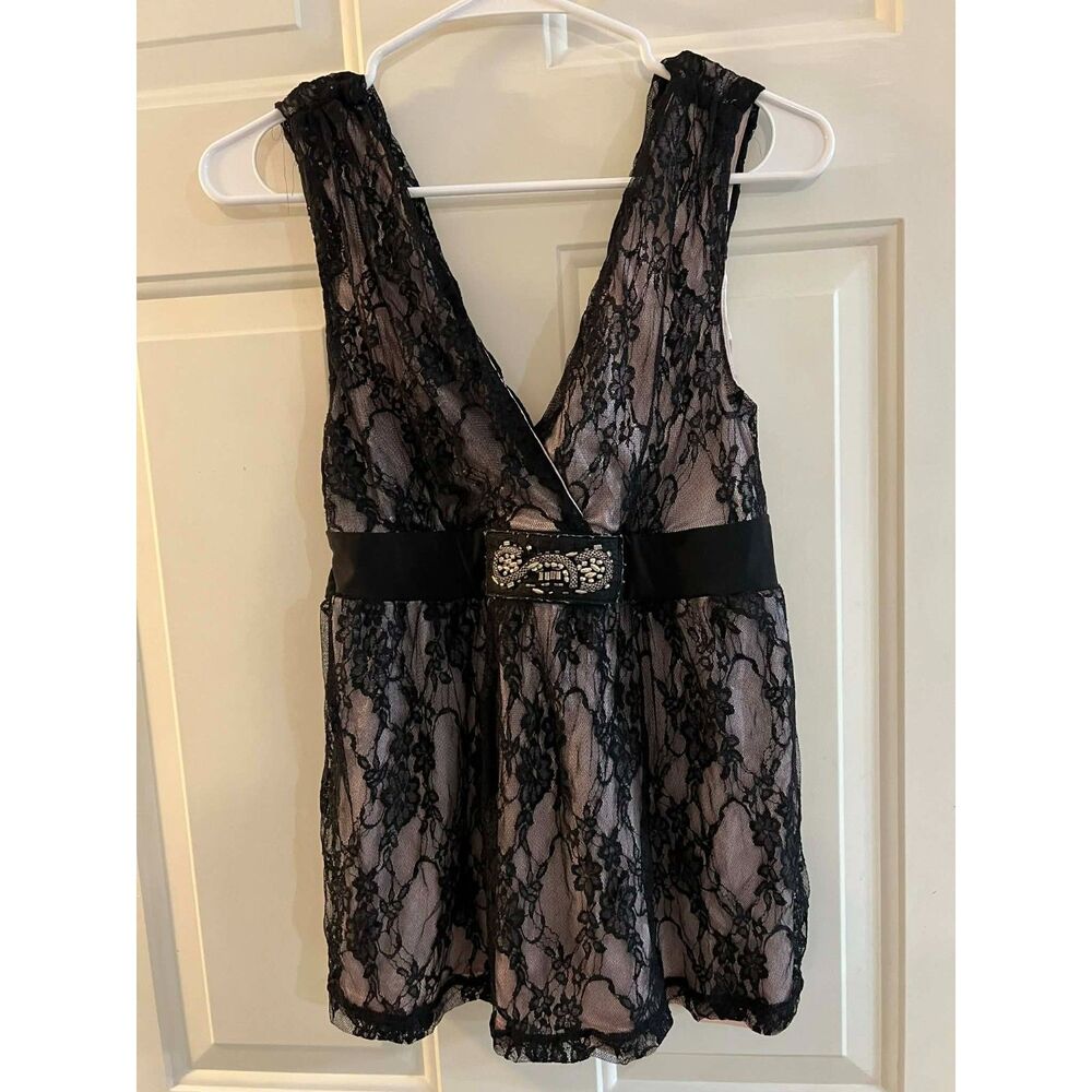 Vintage Y2K Wet Seal Black Lace Overlay Beaded Top M Whimsigoth Beaded